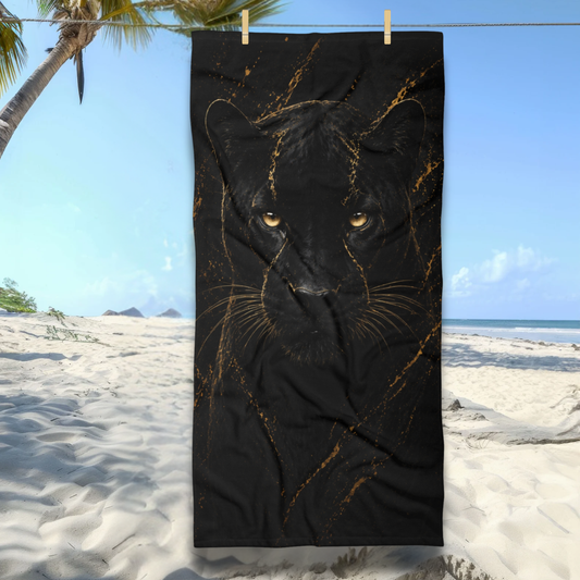 Black Panther Beach Towel – Luxury Gold & Black Abstract Panther