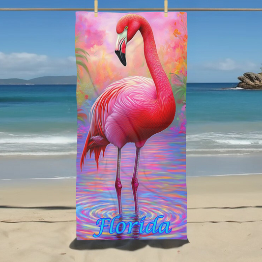 Colorful Pink Flamingo Florida - Beach Towel