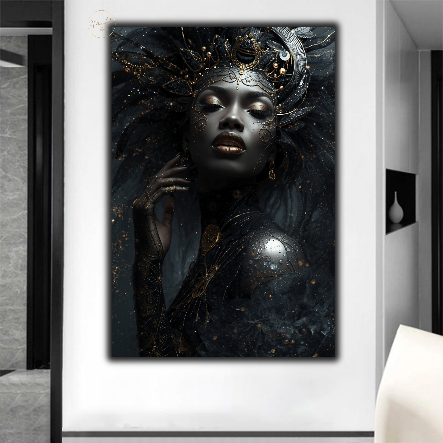 Black Woman Wall Art – Regal Afrocentric Queen | Luxury Black & Gold Canvas Print