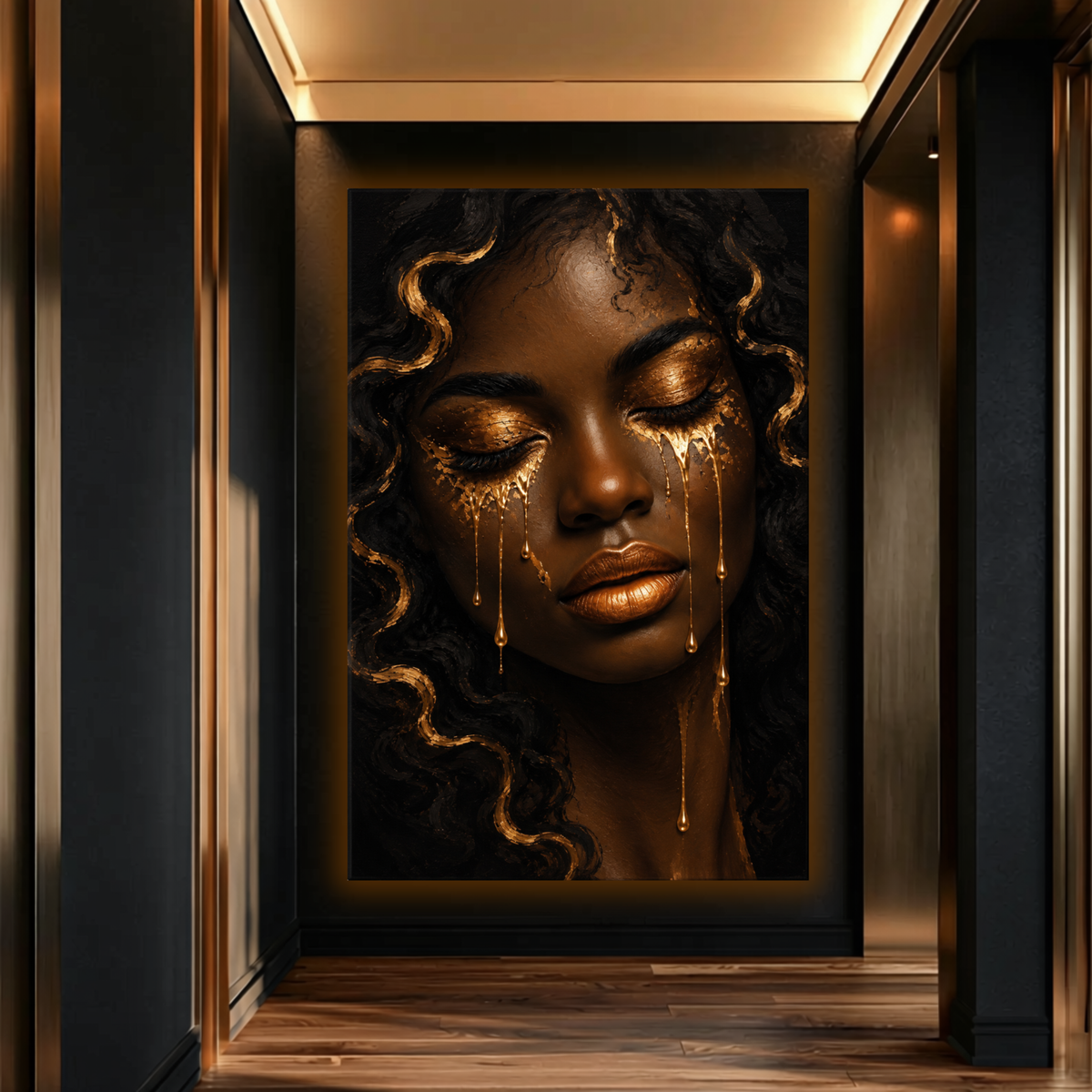 Black Woman Wall Art - Golden Tears Black & Gold Canvas Print | Afrocentric Home Decor
