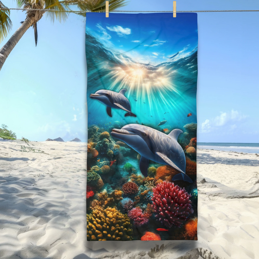 Dolphins in Tropical Ocean Reef Beach Towel