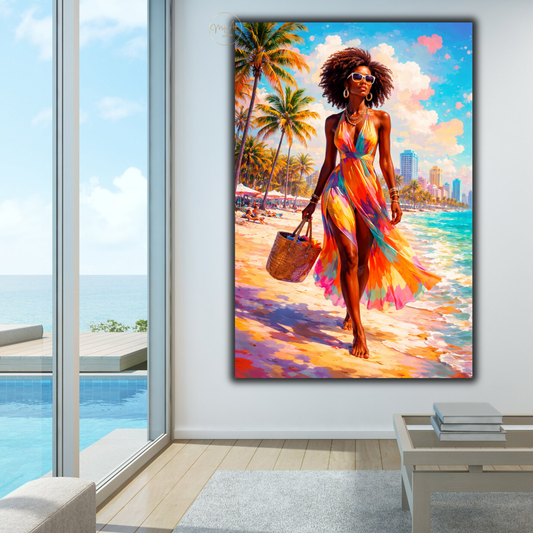 Black Woman Wall Art – Stylish Afrocentric Miami Beach Canvas Print