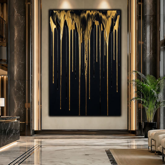 Abstract Modern Gold & Black Drip Canvas Print | Luxury Home Wall Decor