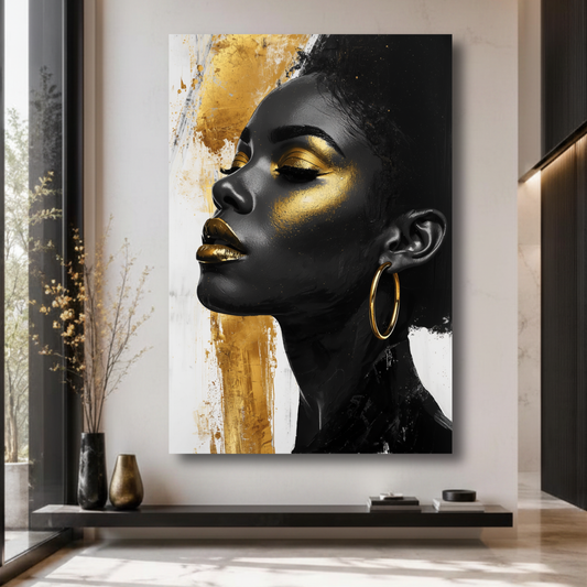 Black Woman Wall Art – Afrocentric Beauty in Black, Gold & White Canvas Print | Modern Luxury Home Decor