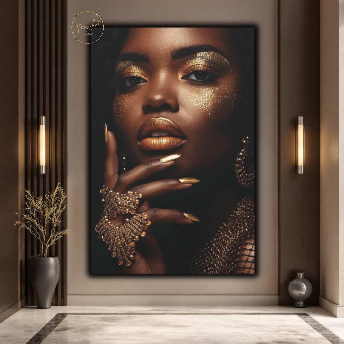 Black Woman Wall Art – Divine Glamour in Gold | Luxury Black & Gold Canvas Print