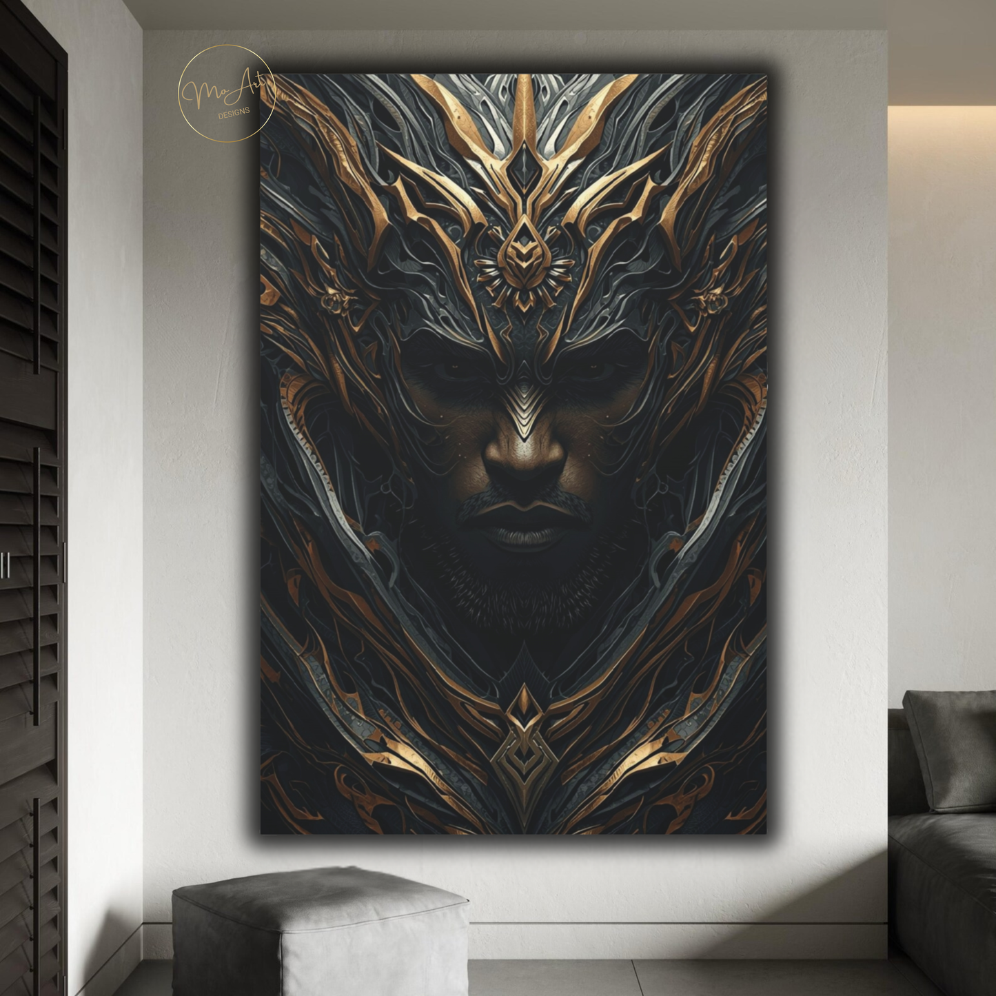 Black Warrior Abstract Art – Divine Sentinel | Black & Gold Afrocentric Wall Art / Canvas Print