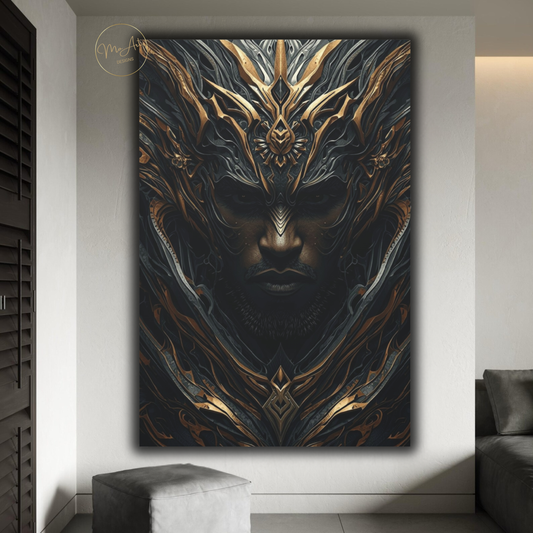 Black Warrior Abstract Art – Divine Sentinel | Black & Gold Afrocentric Wall Art / Canvas Print