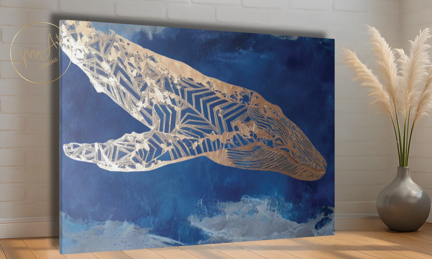 Gold and Blue Whale Abstract Canvas Wall Art