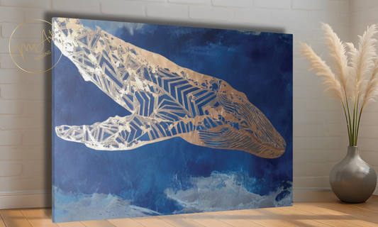 Gold and Blue Whale Abstract Canvas Wall Art