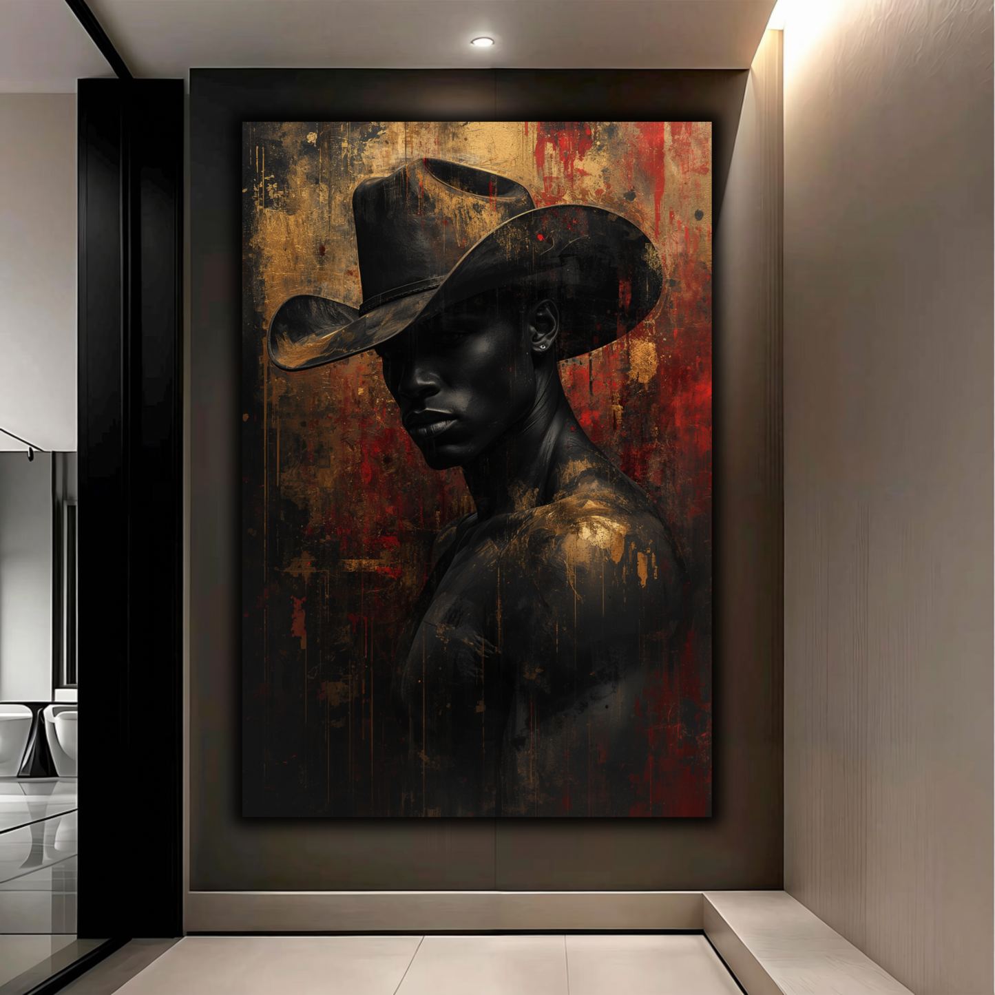 Black Man Wall Art – African American Cowboy Canvas Print | Abstract Black, Gold & Red Wall Art