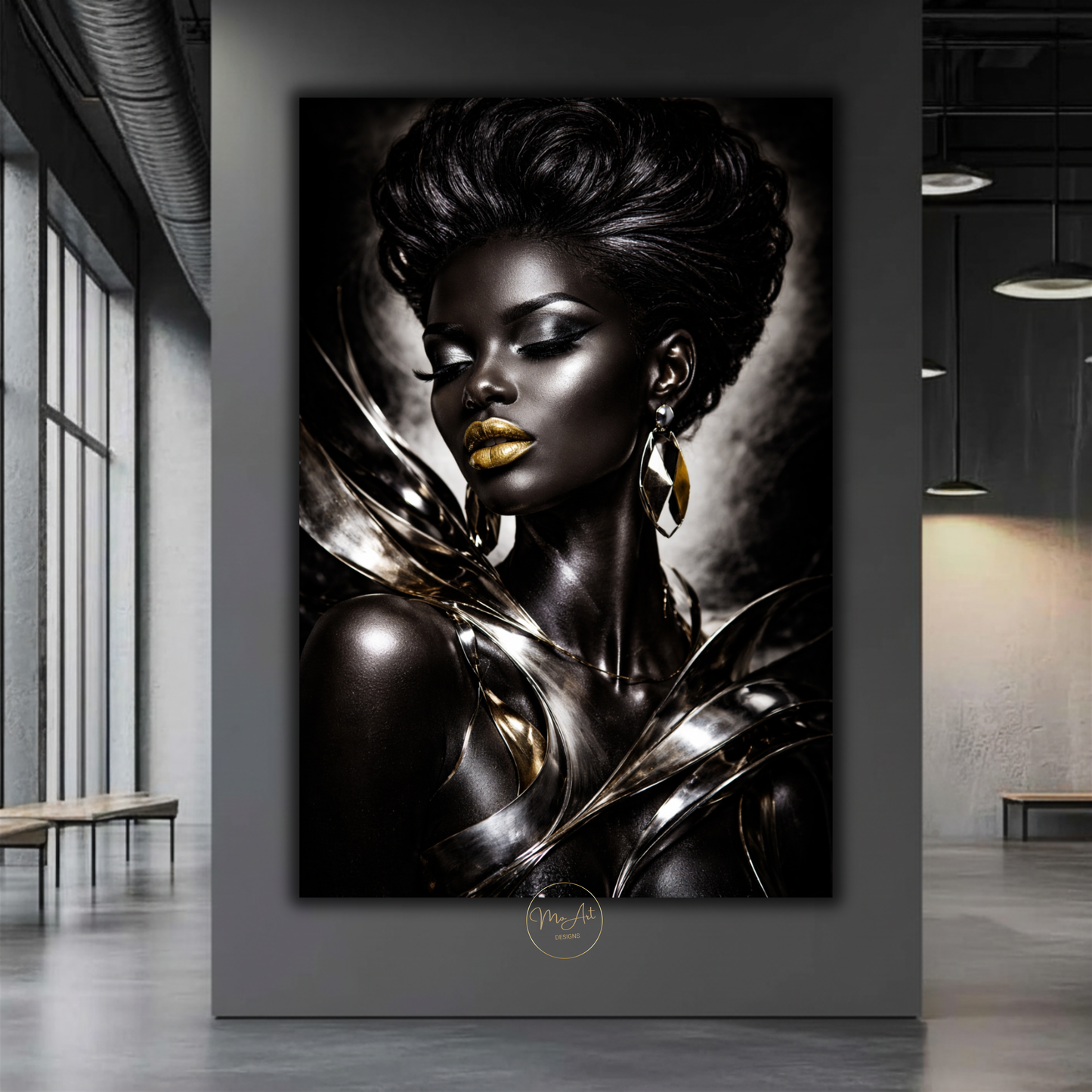 Black Woman Wall Art – Elegant Afrocentric Black & Silver Abstract Canvas Print