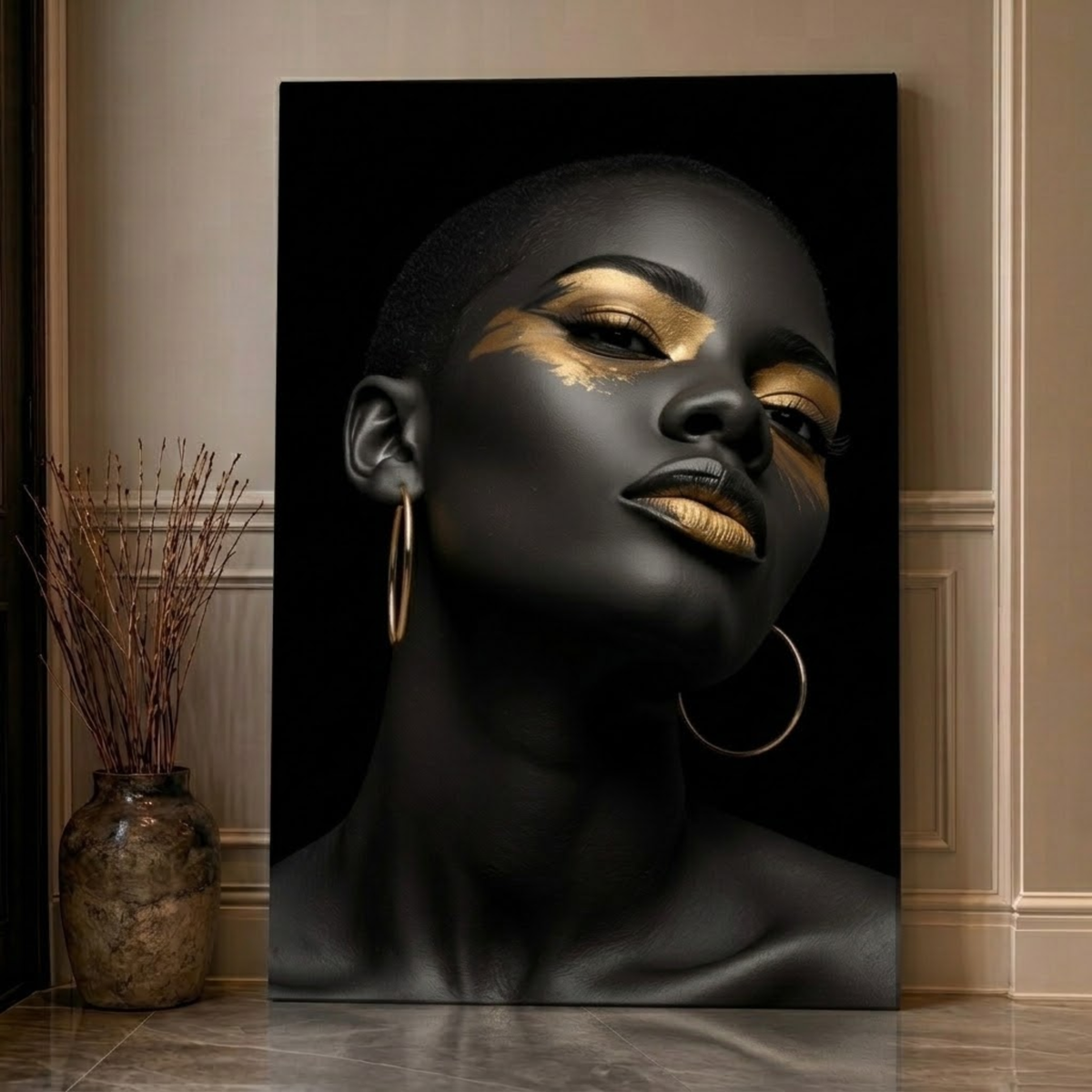 Black Woman Wall Art – Short Hair Queen | Black & Gold Afrocentric Canvas Print
