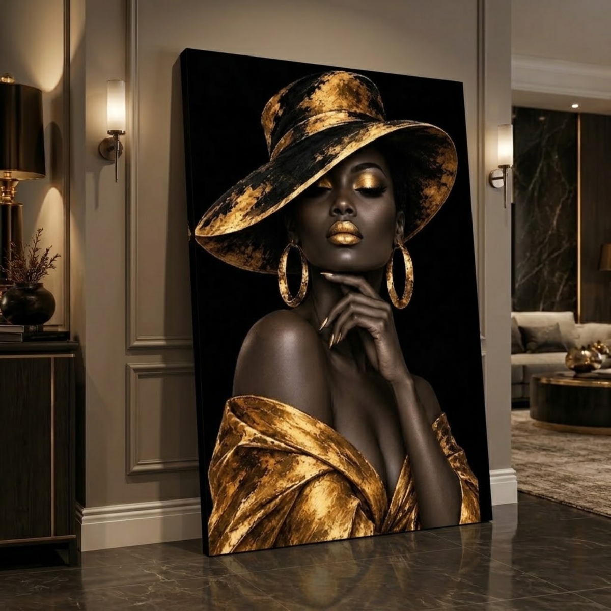 Black Woman Wall Art – Midnight Majesty | Black & Gold Afrocentric Luxury Canvas Print