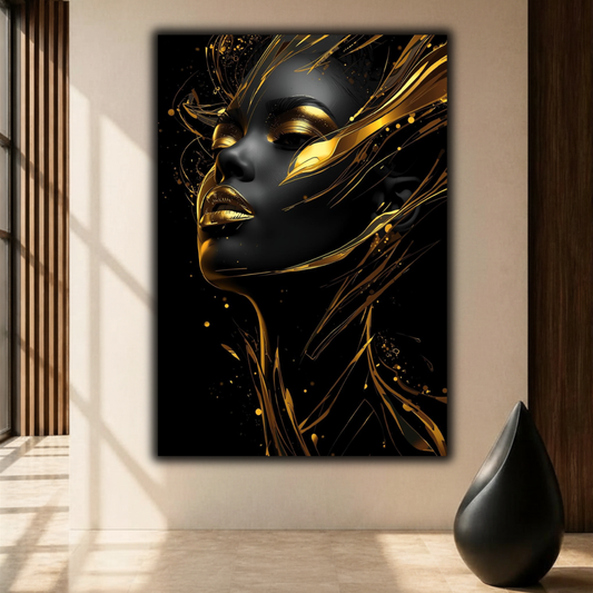Black Woman Wall Art – Black & Gold Abstract Afrocentric Canvas Print | Luxury Modern African American Art Decor