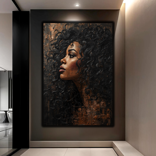Black Woman Wall Art – Afrocentric Abstract Portrait Canvas Print | Black & Copper Wall Art