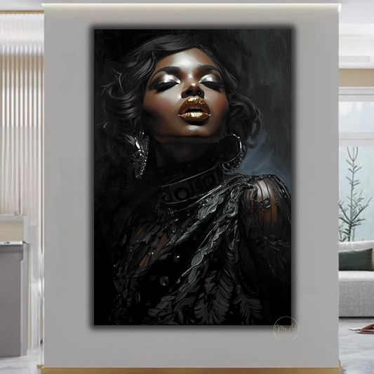 Black Woman Wall Art with Gold Lips – Elegant Afrocentric Canvas Print for Luxury Decor