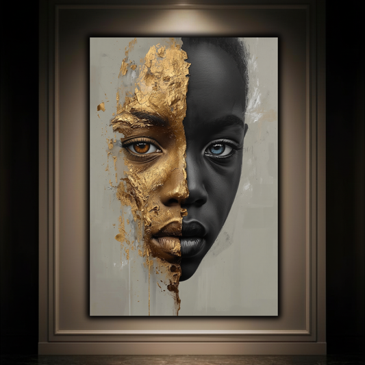 African American Child Wall Art – Black & Gold Abstract Portrait | Afrocentric Luxury Canvas Print