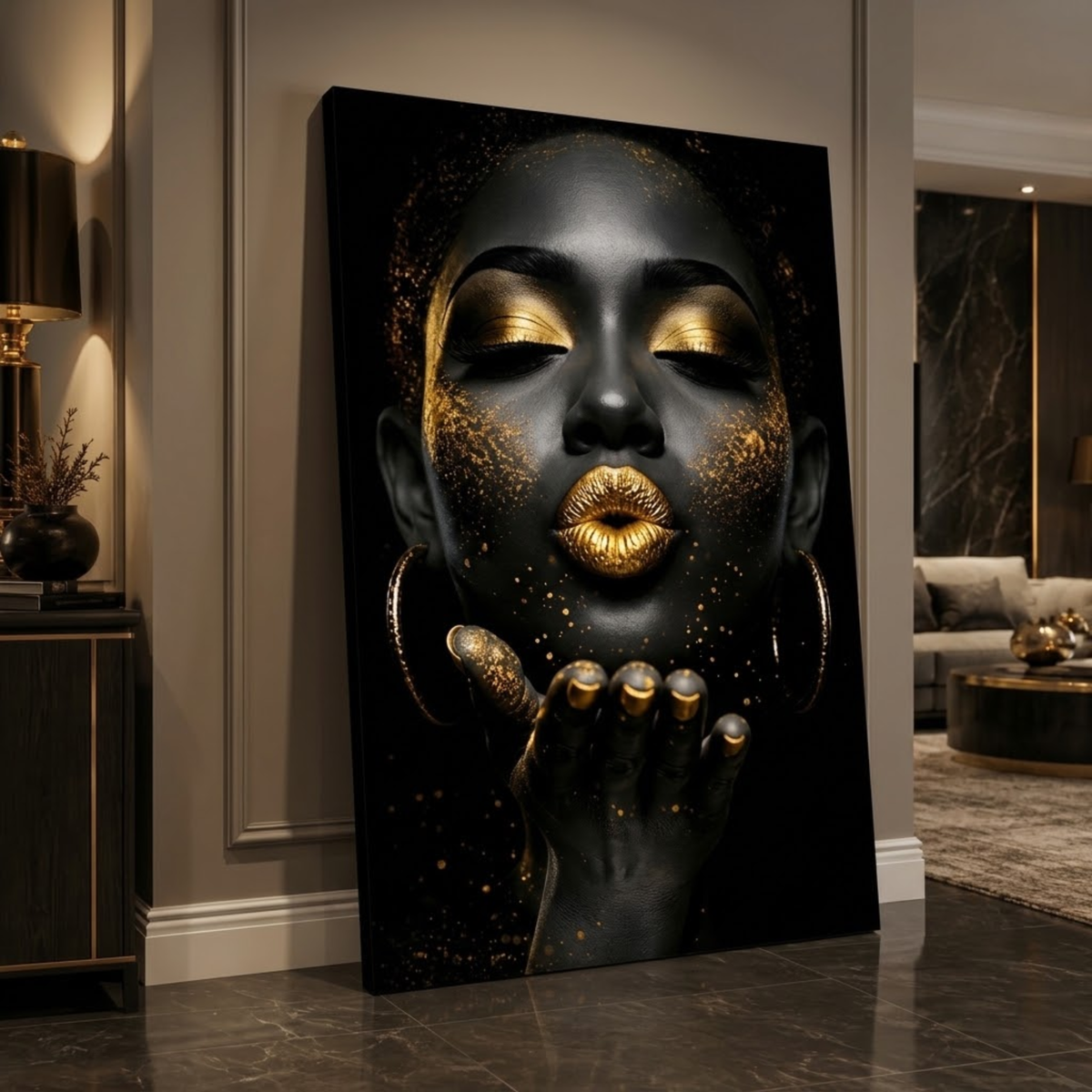 Black Woman Wall Art – Kiss of Gold | Afrocentric Gold Lips Black & Gold Canvas Print