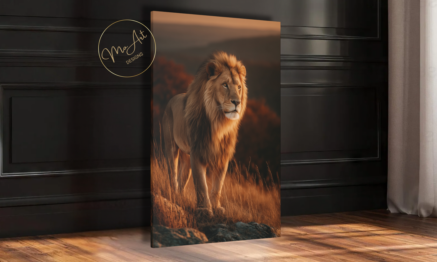 Majestic Lion Canvas Wall Art – Regal Wildlife Print at Sunset