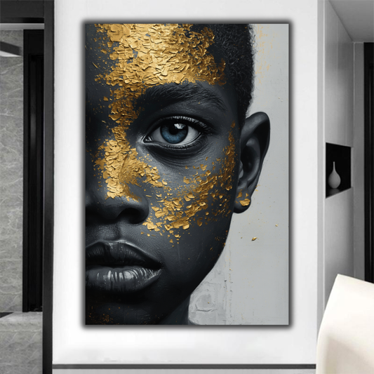 African American Wall Art – Black Boy with Blue Eyes Black & Gold Canvas Print | Luxury Afrocentric Decor