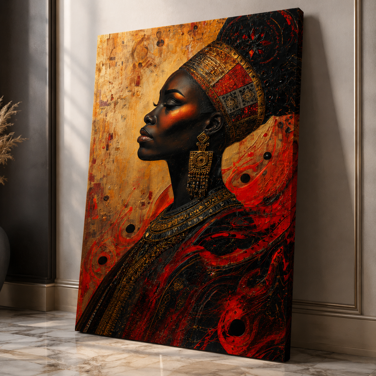 Black Woman Wall Art – Abstract African Queen Canvas Print |  Afrocentric Gold, Red & Black Decor