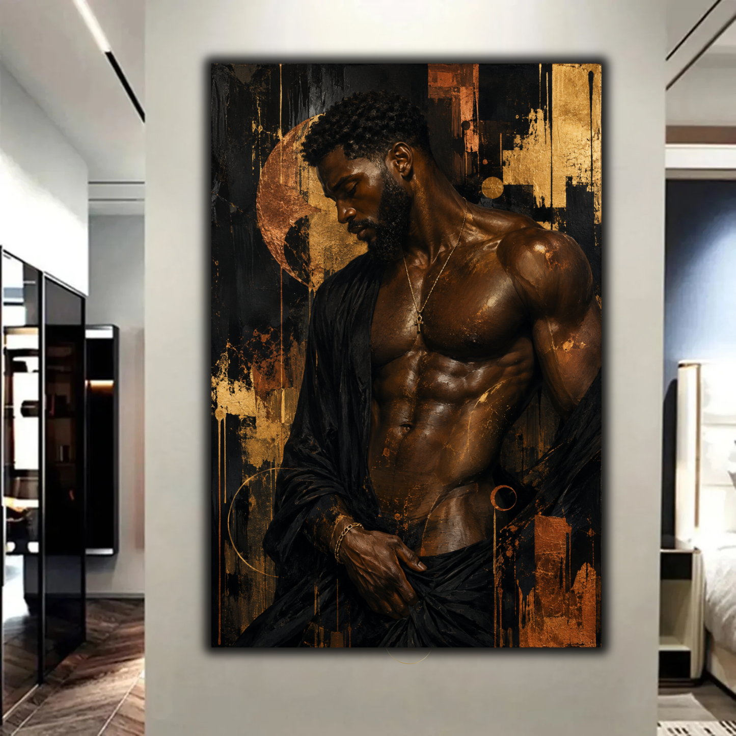 Black Man Wall Art - Seductive Afrocentric Canvas Print | Modern Black & Gold Masculine Wall Art