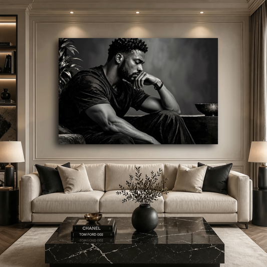 Black Man Wall Art – Deep in Thought | Black & White African American Canvas Print