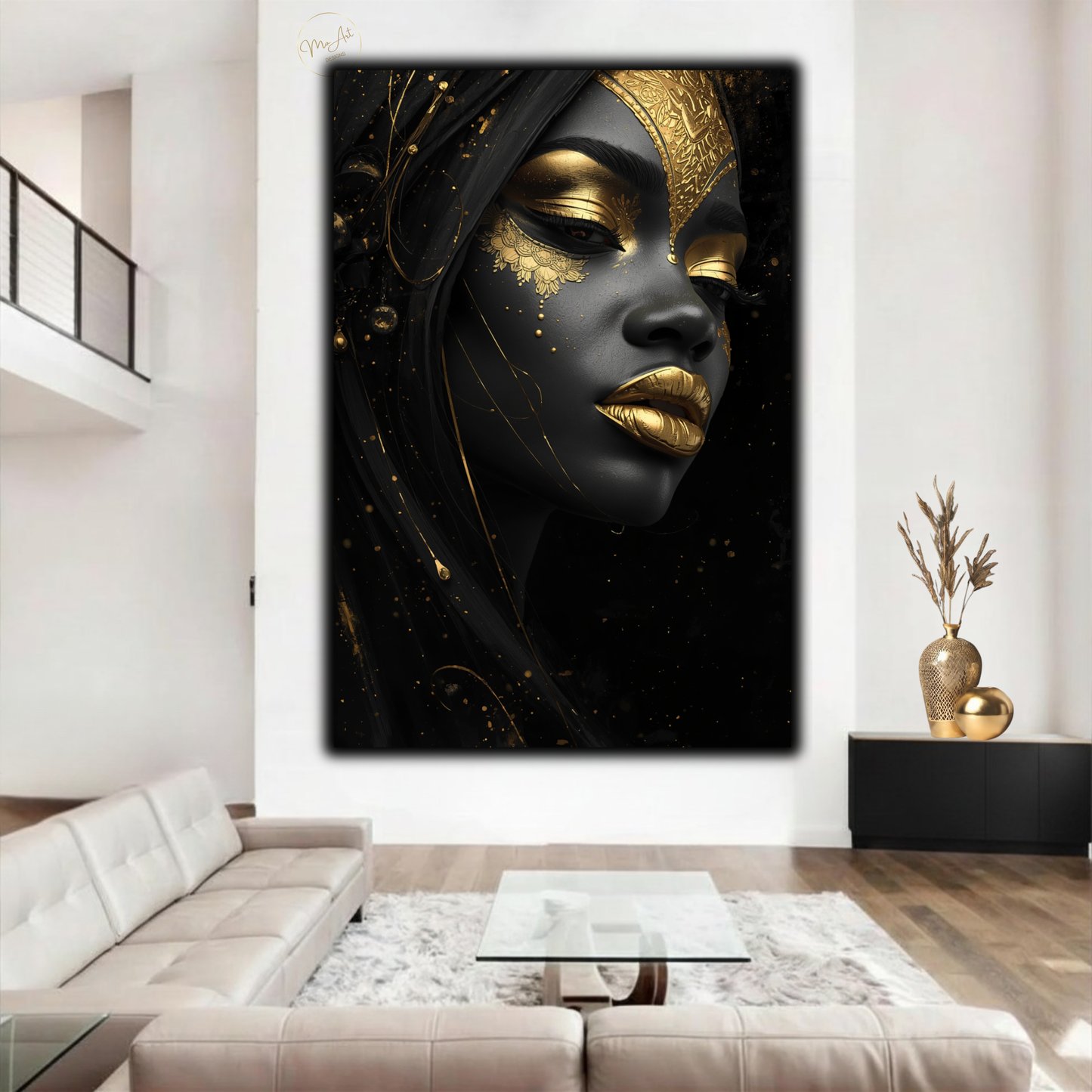 Black Woman Wall Art – Striking Gold & Black Beauty | Afrocentric Luxury Canvas Print