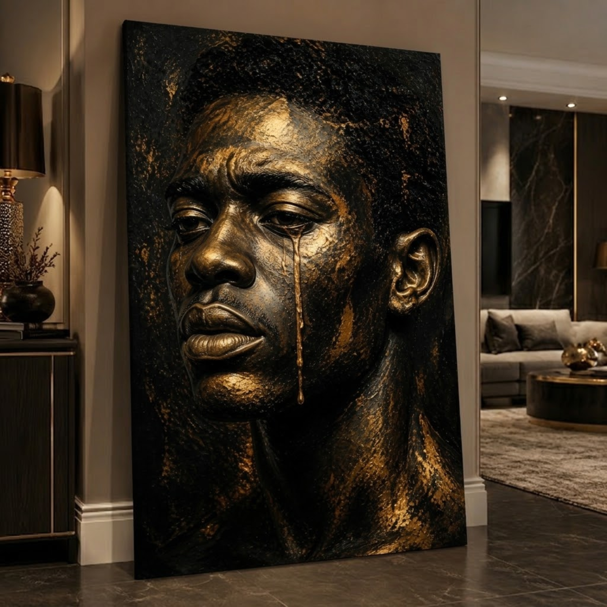Black Man Wall Art – Golden Tears | Emotional Black & Gold Canvas Print