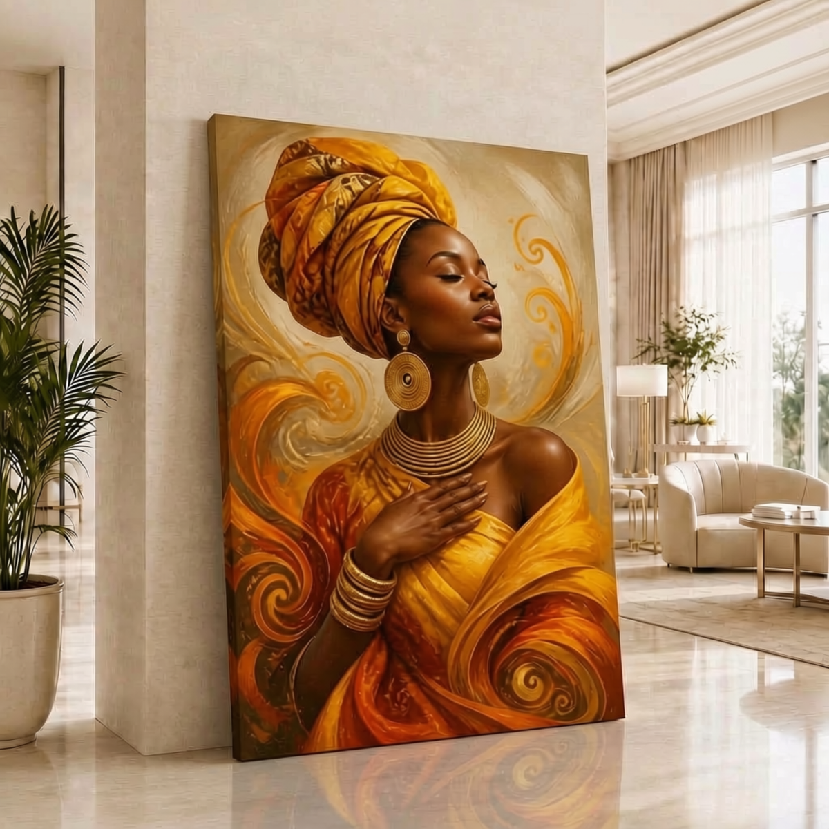 Black Woman Wall Art – Amber Serenity | Afrocentric Orange & Yellow Canvas Print