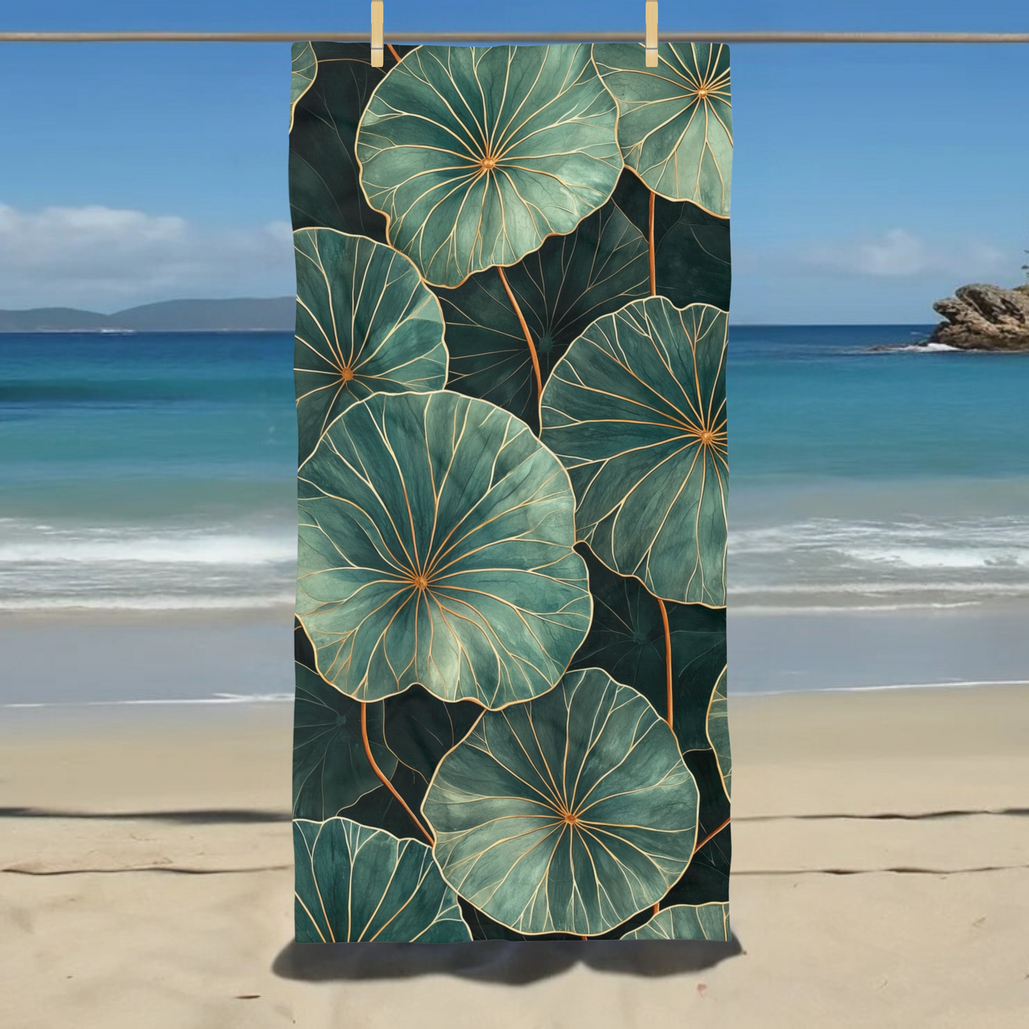 Lush Green Leaves with Gold - Beach Towel