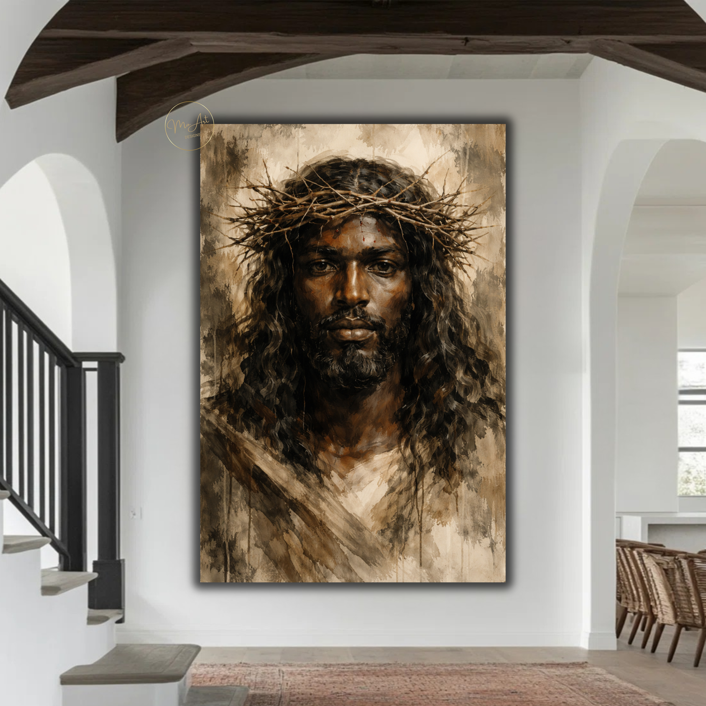 Black Jesus Wall Art – Neutral Abstract Christ Portrait with Crown of Thorns Canvas Print
