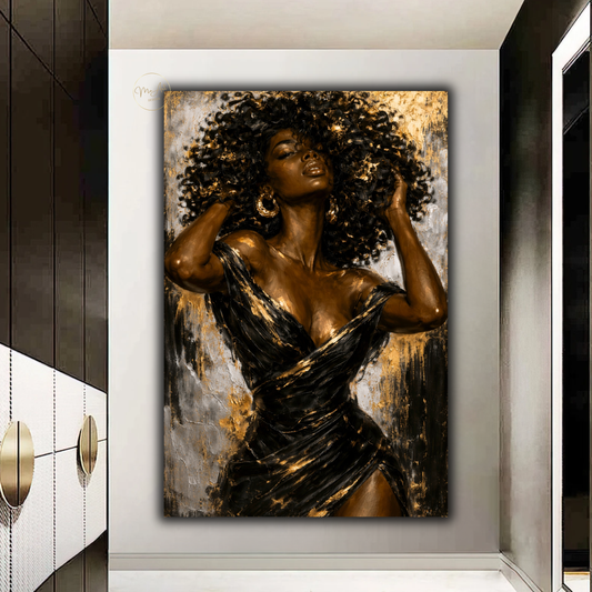 Black Woman Wall Art – Sensual Afrocentric Black, Gold & Silver Abstract Canvas Print