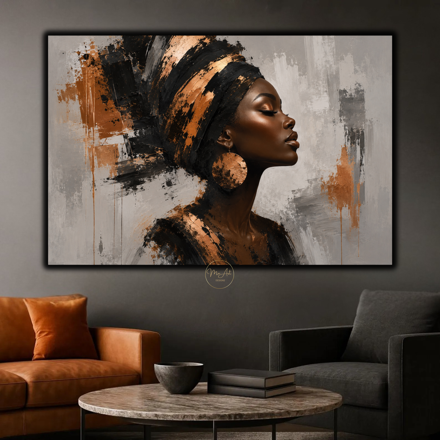 Black Woman Wall Art – Opulent Black & Copper Afrocentric Abstract Canvas Print