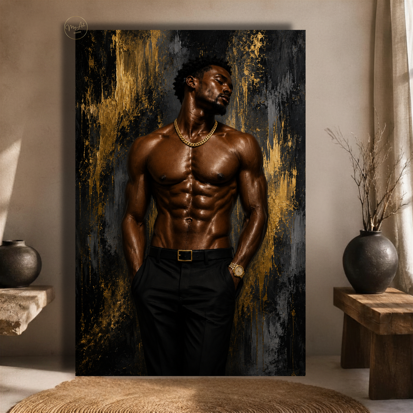 Black Man Wall Art – Sensual Black & Gold Abstract Canvas Print | Modern Masculine Decor