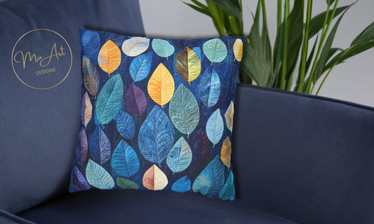 Decorative Blue Multicolor Leaf Design Faux Suede Pillow Case