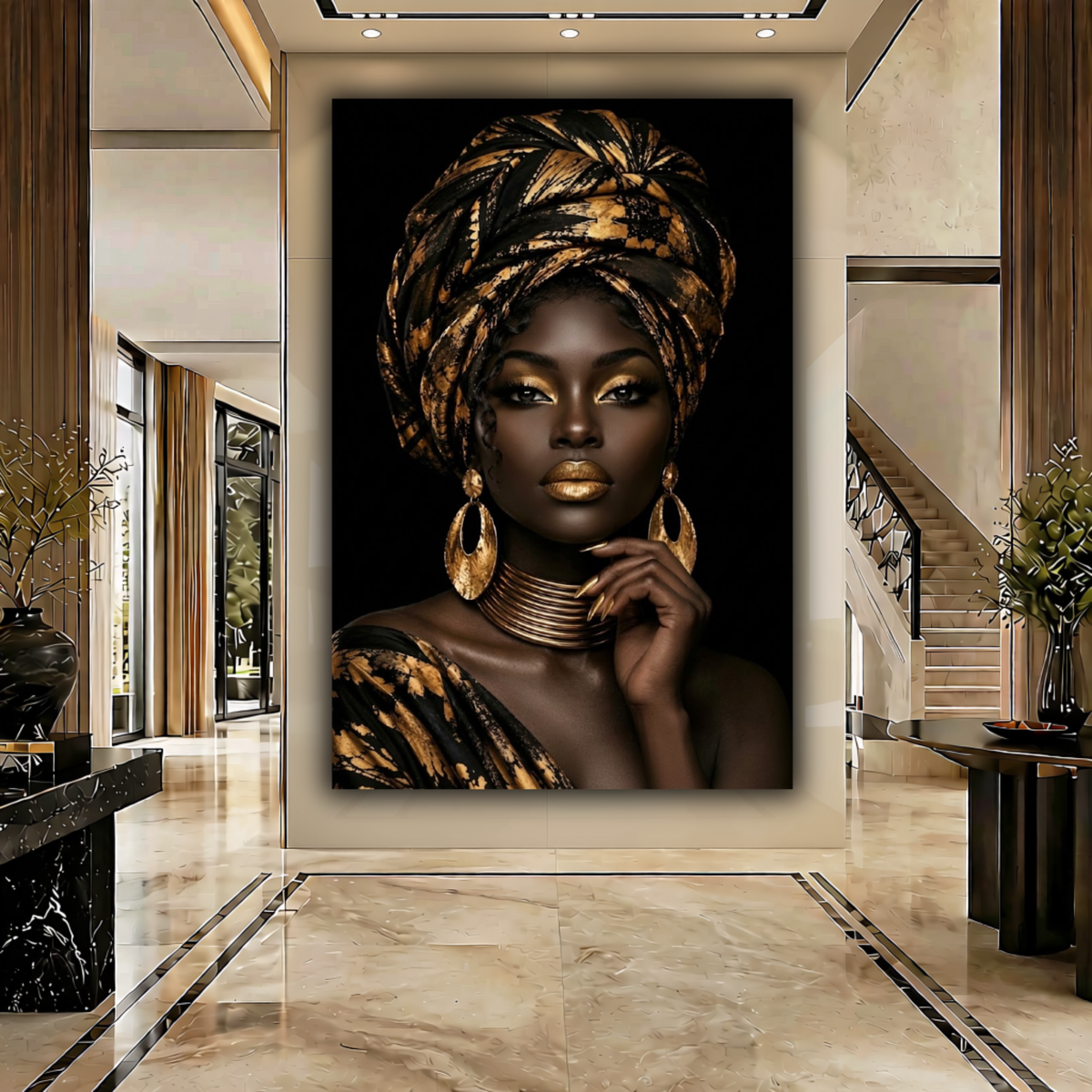 Black Woman Wall Art – Regal Essence | Black & Gold Afrocentric Canvas Print
