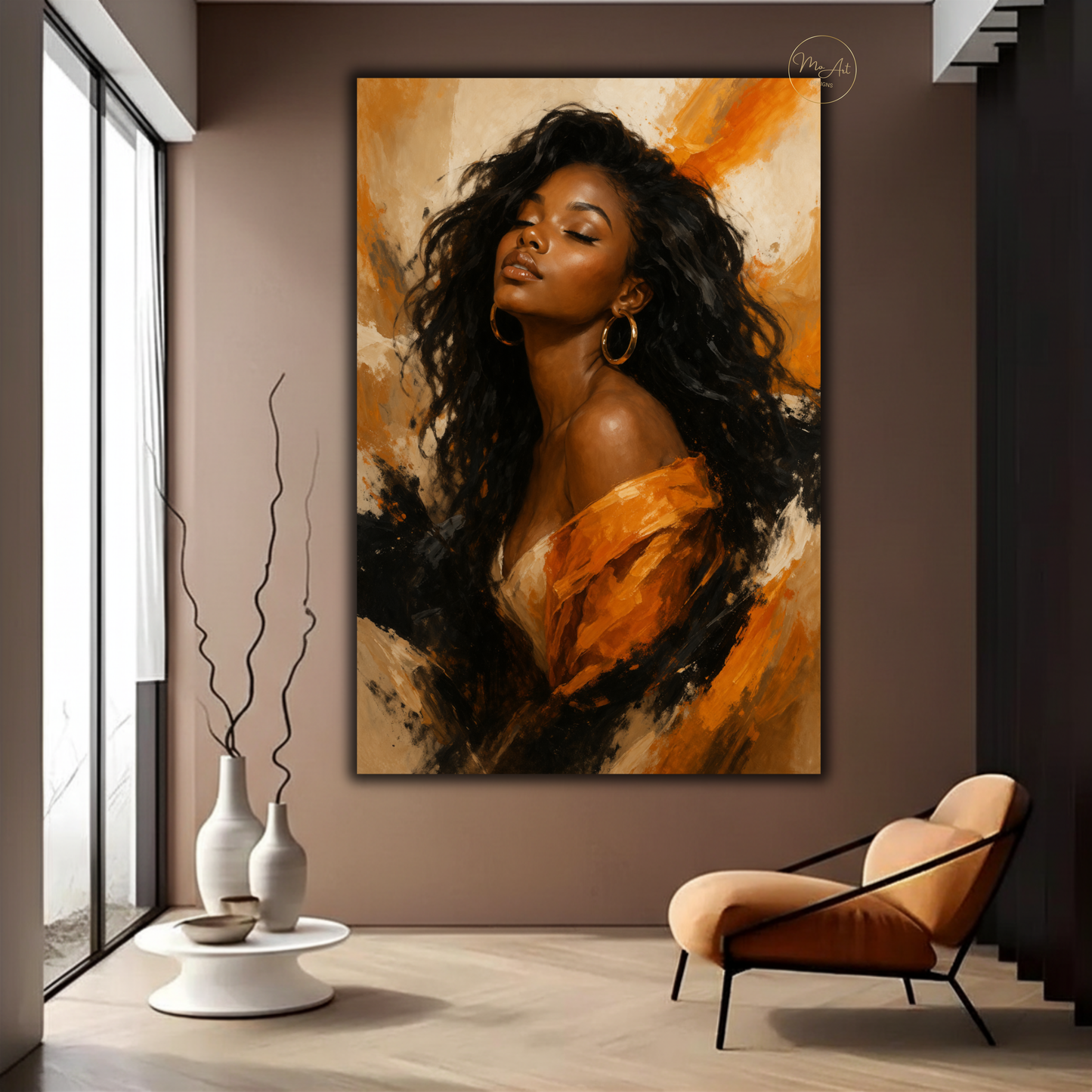 Black Woman Wall Art – Elegant Afrocentric Orange & Beige Abstract Canvas Print