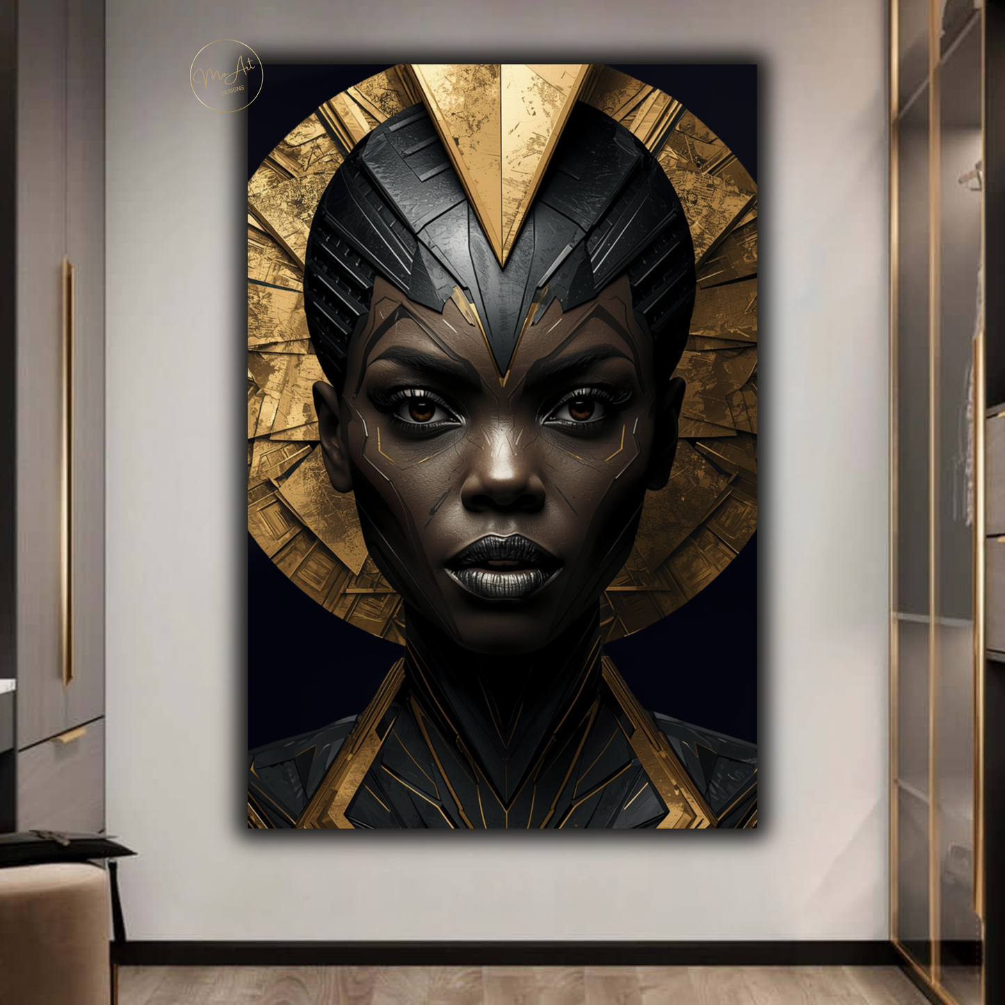 Black Woman Wall Art – Bold African Warrior Goddess | Premium Black & Gold Canvas Print