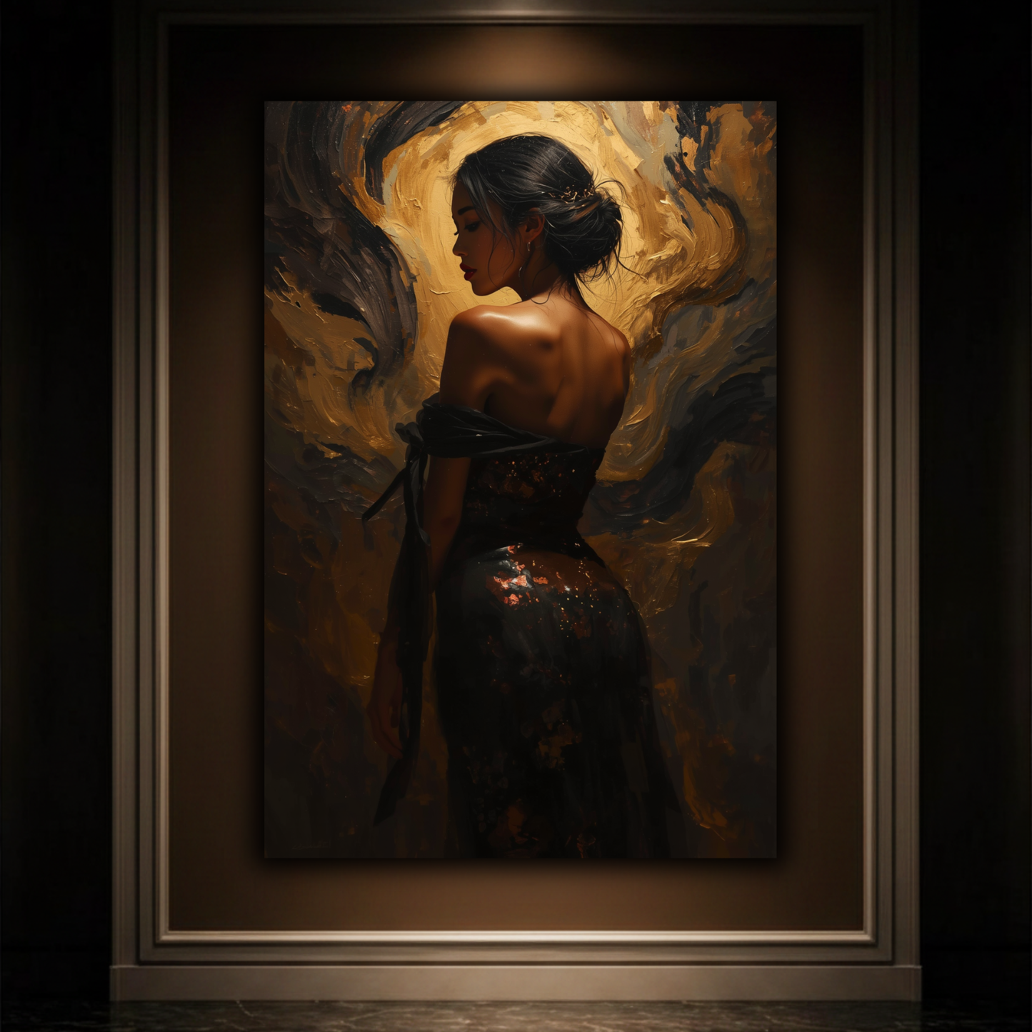 Golden Elegance Canvas Print – Luxury Abstract Female Portrait | Black, Gold & Bronze Wall Art