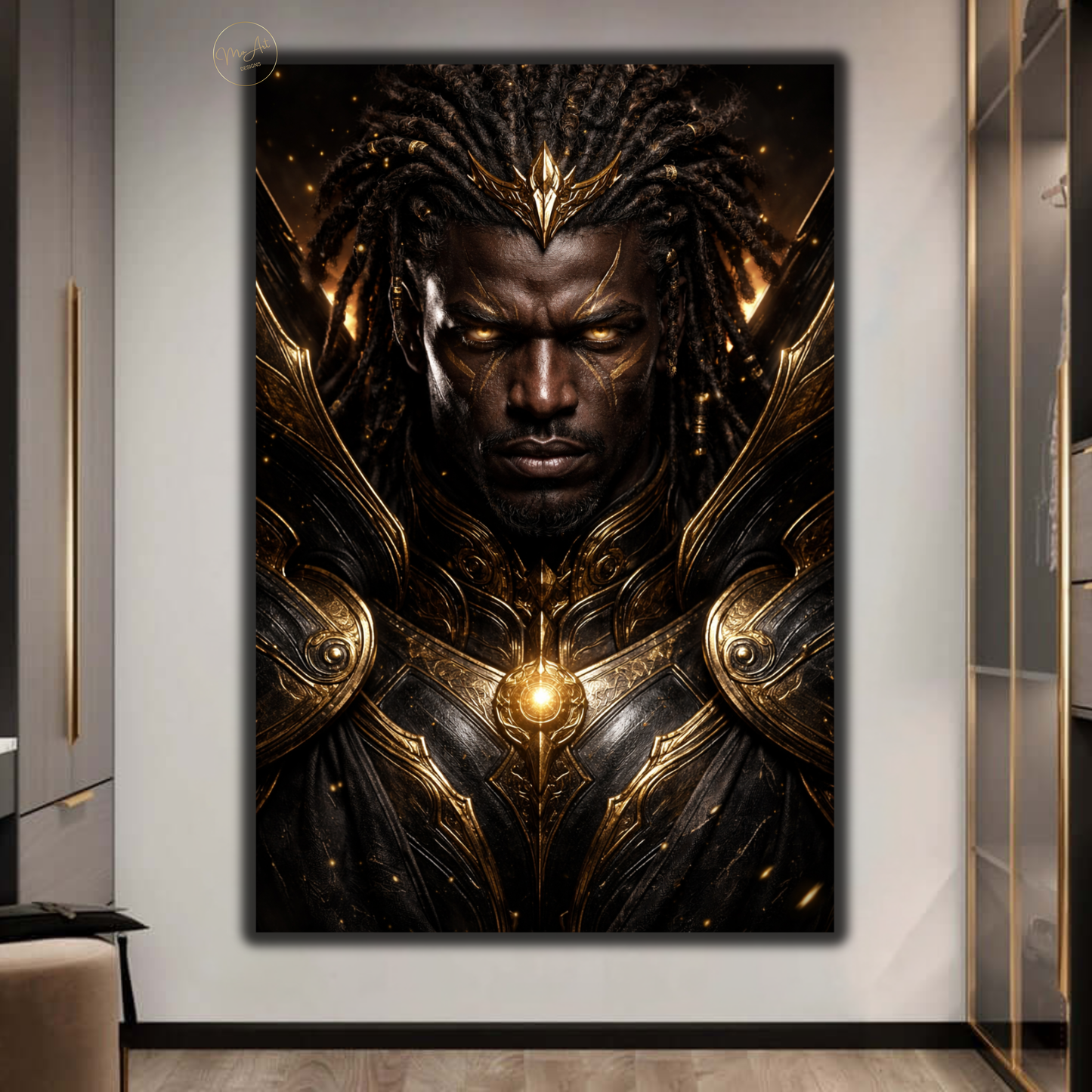 Black Warrior Wall Art – Powerful Afrocentric King in Black & Gold Armor Canvas Print