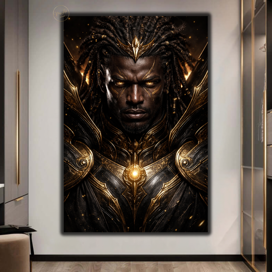 Black Warrior Wall Art – Powerful Afrocentric King in Black & Gold Armor Canvas Print