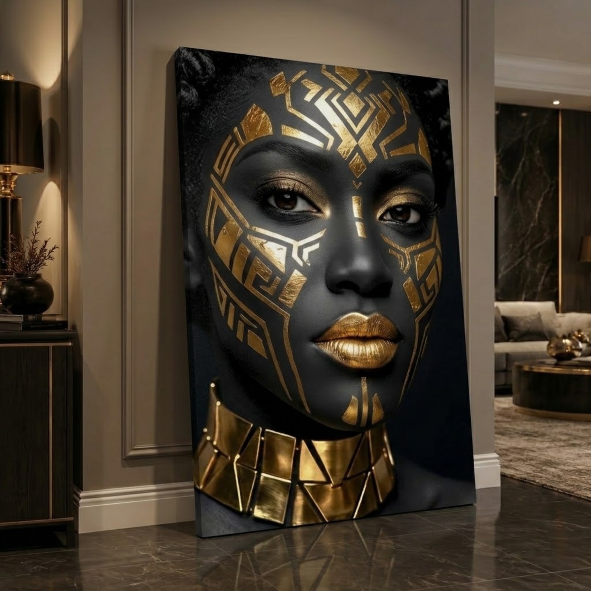 Black Woman Wall Art – Midnight Warrior | Luxury Black & Gold Afrocentric Canvas Print