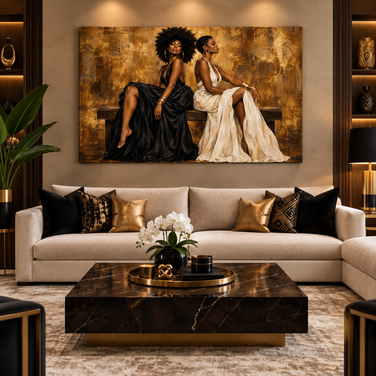 Black Women Wall Art – Essence of Sisterhood | Afrocentric Black & Gold Canvas Print