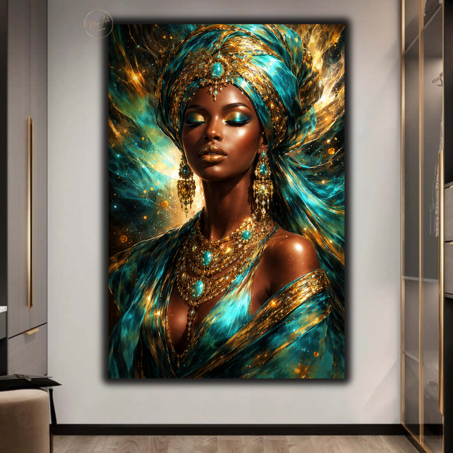 Black Woman Wall Art – Elegant Afrocentric Turquoise & Gold Abstract Canvas Print