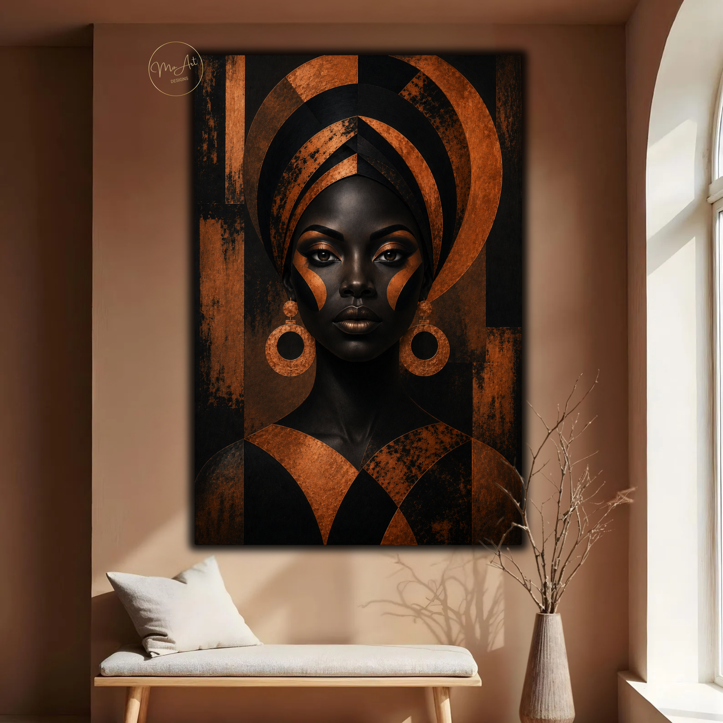 Black Woman Wall Art – Regal Afrocentric Copper & Black Portrait Canvas Print