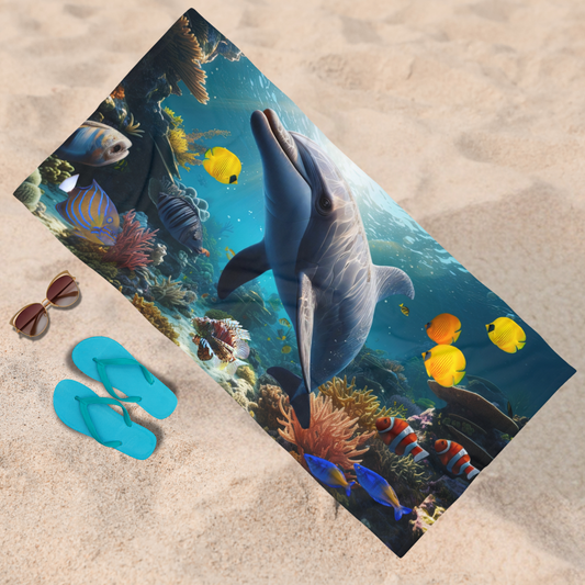 Dolphin with Tropical Fish -  Beach Towel