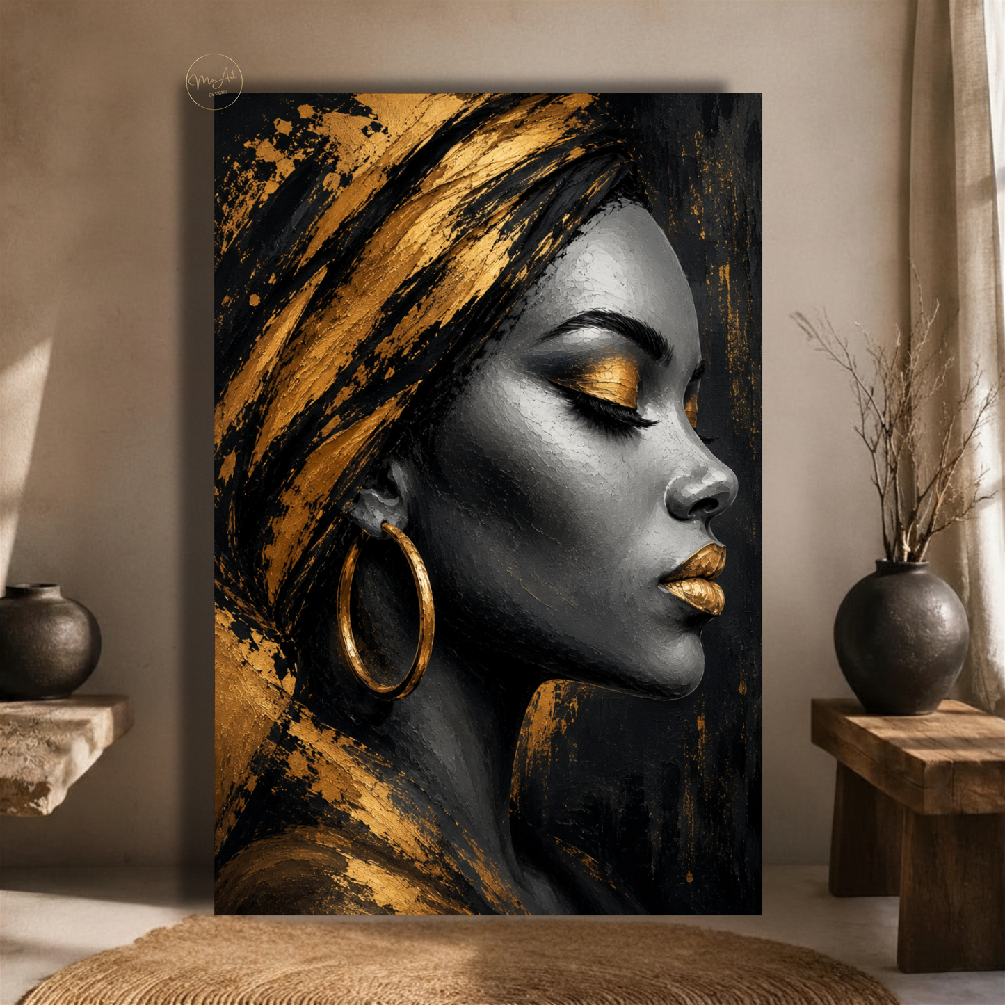 Black Woman Wall Art – Luxury Black & Gold Afrocentric Portrait Canvas Print