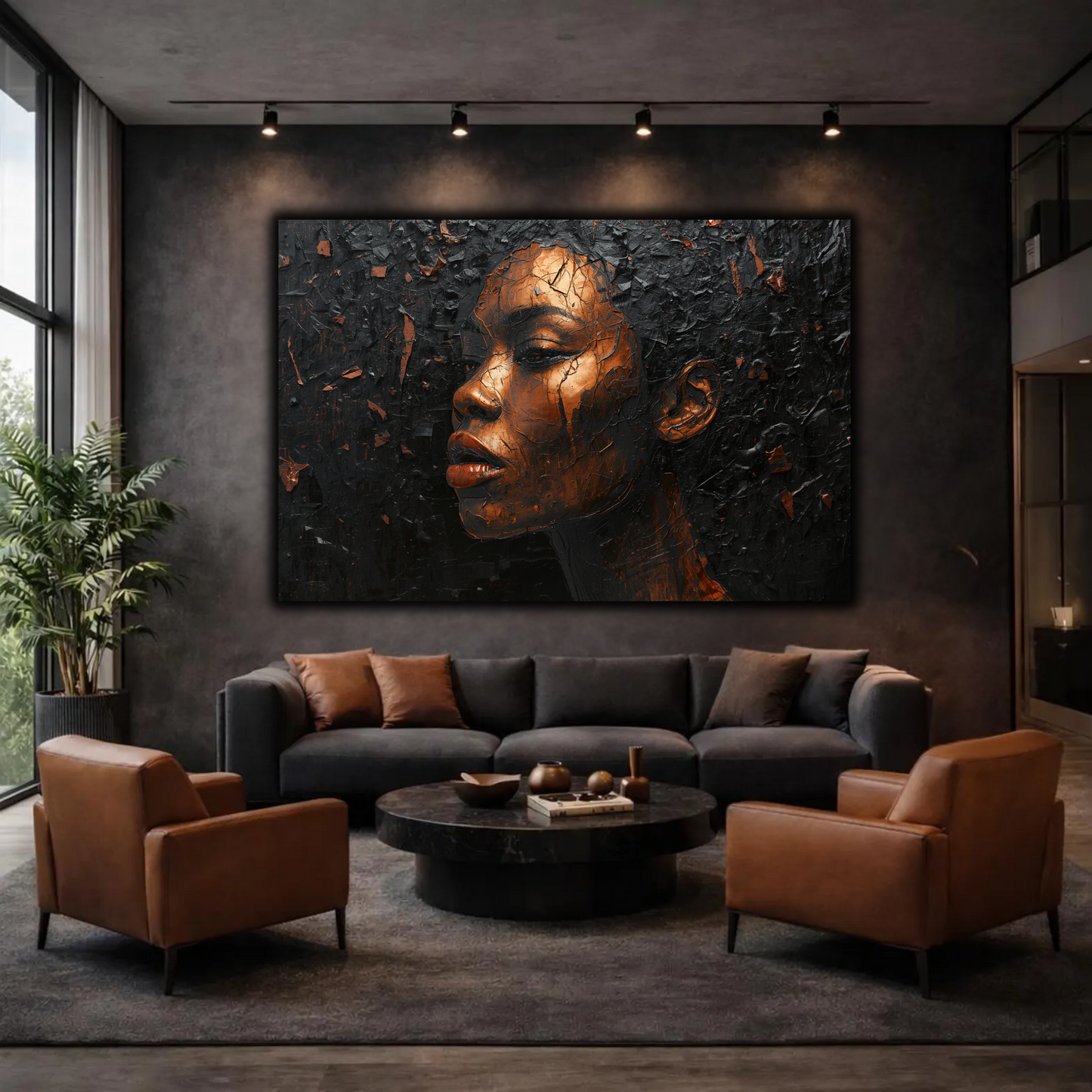 Black Woman Wall Art – Black & Copper Afrocentric Canvas Print | Luxury African American Portrait Wall Decor