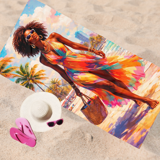 Black Woman Beach Towel - Stylish Afrocentric Miami Beach
